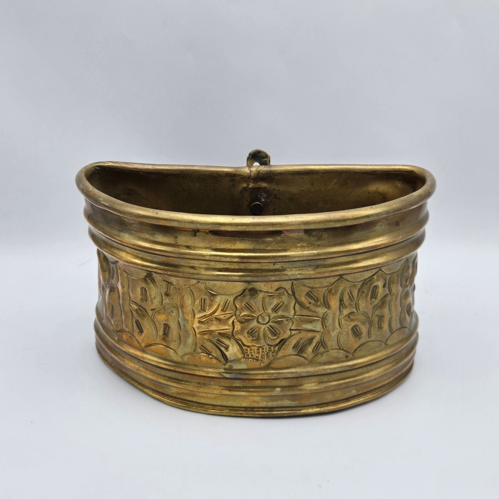 Vintage Solid Brass Wall Pocket Planter Embossed Floral Cottage Farmhouse MCM